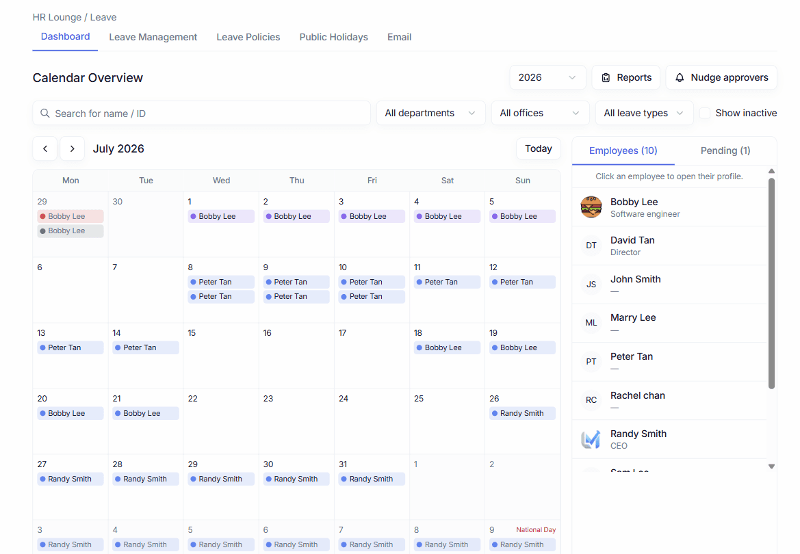 Leave · calendar overview