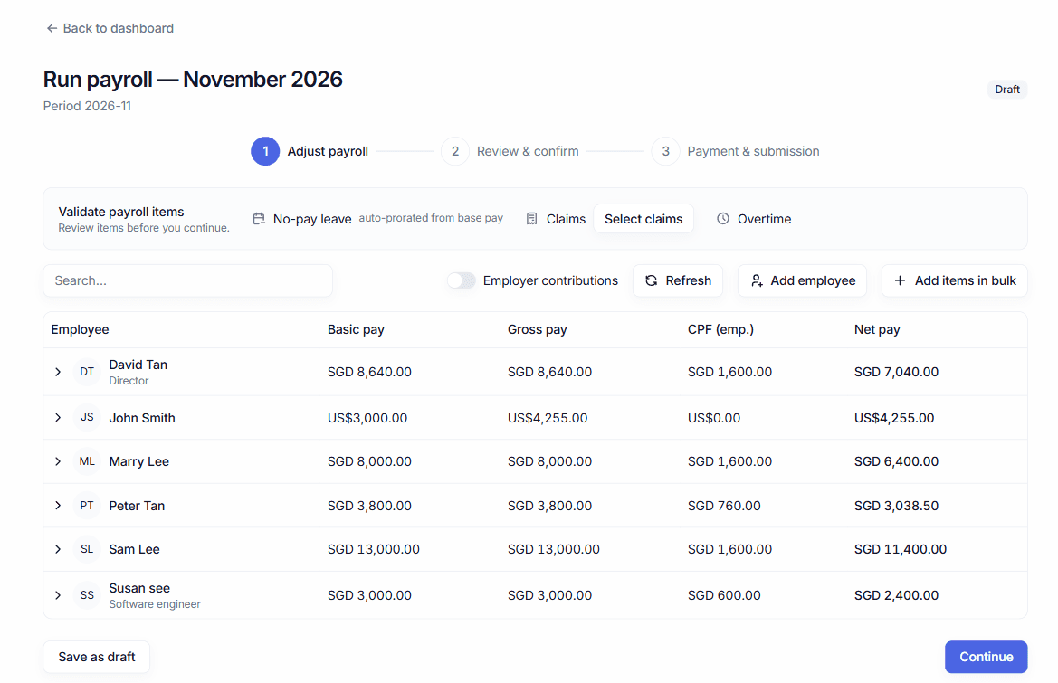 Payroll · run payroll