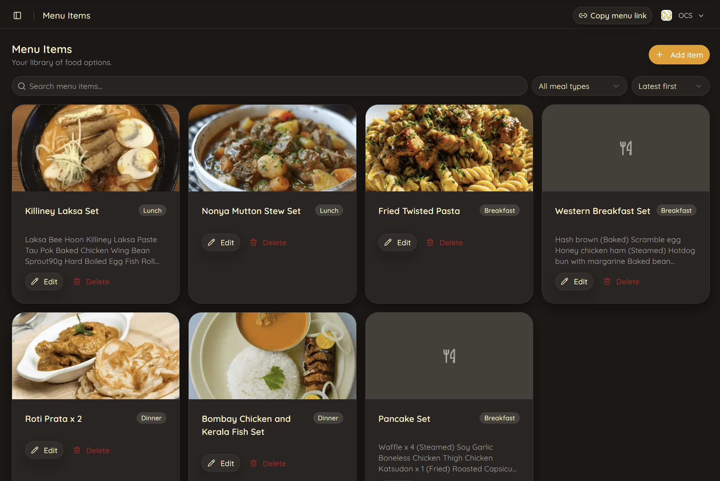 Menu items · dish library